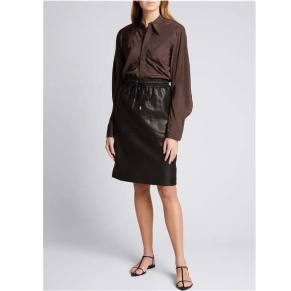 Theory Drawstring Leather Skirt Black Point Nappa Size XS - Picture 1 of 15